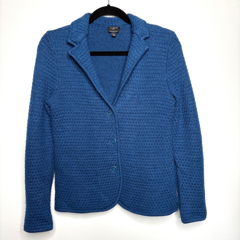 Talbots Merino Wool Knit Blazer Cardigan Button Front Teal Blue Small Petite SP
